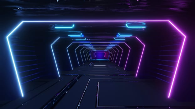 The neon blue airlock tunnel glows around the corridor on the reflective concrete floor. photo