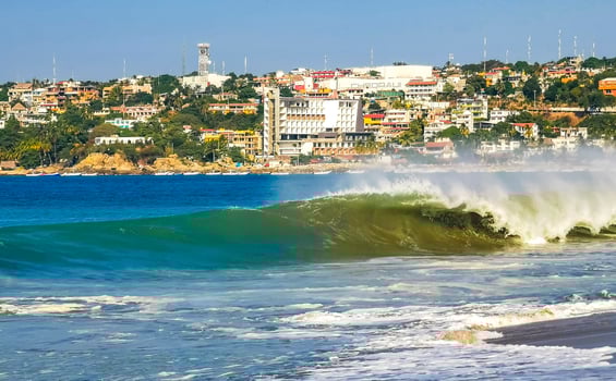 Puerto Escondido Oaxaca Mexico 2022 Extremely huge big surfer waves at beach Puerto Escondido Mexico. photo