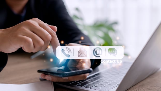 CONTACT US, Hand of people holding mobile smartphone with mail, phone, email, chat  icon. customer support concept, photo