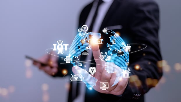 IOT virtual screen interface. Internet of Things or IOT technology concept, with icons of typical IoT. Intelligent house, car, cloud computing, network system, shopping. photo
