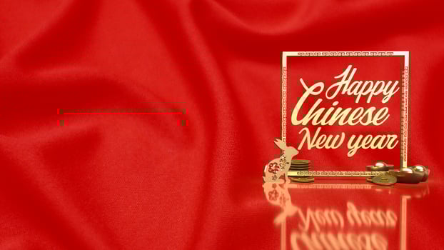 The gold rabbit and vintage Chinese money on red background  3d rendering photo