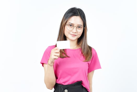 Holding Blank Bank Card Or Credit Card Of Beautiful Asian Woman Isolated On White Background photo