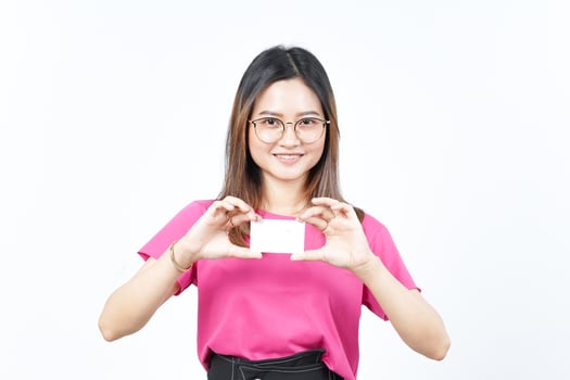 Holding Blank Bank Card Or Credit Card Of Beautiful Asian Woman Isolated On White Background photo