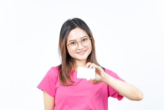 Holding Blank Bank Card Or Credit Card Of Beautiful Asian Woman Isolated On White Background photo
