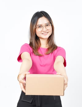 Holding Package Box or Cardboard Box Of Beautiful Asian Woman Isolated On White Background photo