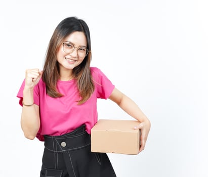 Holding Package Box or Cardboard Box Of Beautiful Asian Woman Isolated On White Background photo