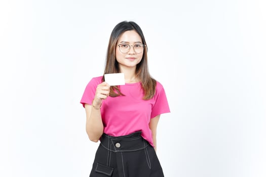 Holding Blank Bank Card Or Credit Card Of Beautiful Asian Woman Isolated On White Background photo