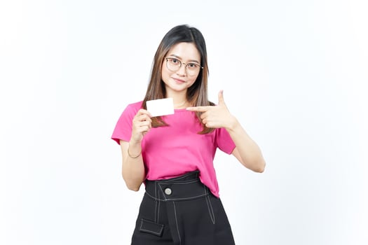 Holding Blank Bank Card Or Credit Card Of Beautiful Asian Woman Isolated On White Background photo