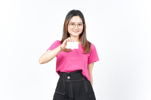 Holding Blank Bank Card Or Credit Card Of Beautiful Asian Woman Isolated On White Background photo