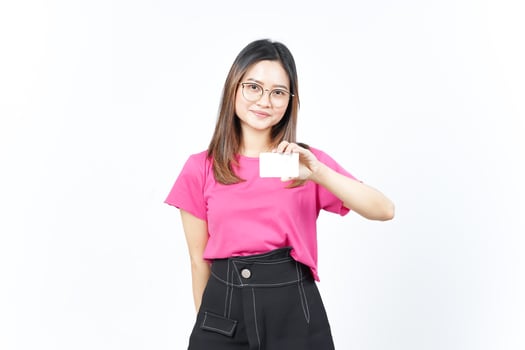 Holding Blank Bank Card Or Credit Card Of Beautiful Asian Woman Isolated On White Background photo
