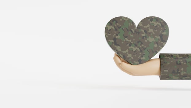 Soldier cartoon hand character holding heart. and white background. 3d illustration. photo