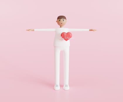 Heartbeat waves and human body. Health care concept. On pink background. 3d rendering photo