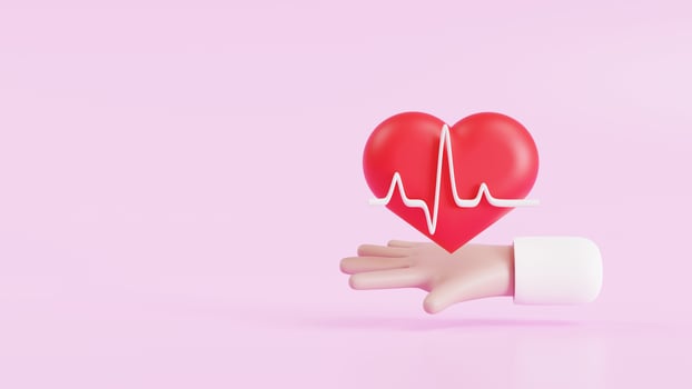 Heartbeat waves. on a cartoon hand. Health treatment concepts to prevent heart disease. 3D illustration. photo