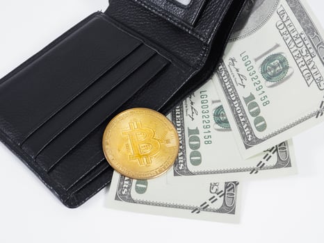 Golden bitcoin with dollar money on wallet the digital money concept photo