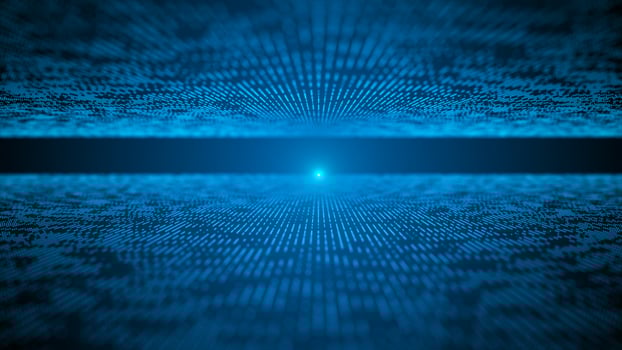 Moving particles on a blue background. Futuristic illustration. The matrix. Corrupted code. 3d rendering photo