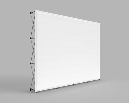 Wall Banner Cloth Exhibition Trade Stand, Photo realistic 3d render visualization of exhibition wall. White cloth skin isolated on grey background for mockups
