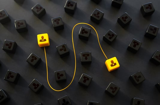 Yellow line connecting people. Partnership, work together. Mutual assistance. Mental connection. Soul mate. Cooperation, corporate relations. Contact the right specialist. Search for new workers photo