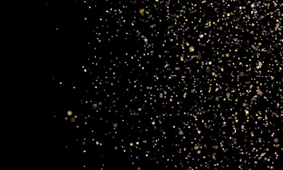 Falling golden glitter confetti isolated on black background. Shiny particles. Party, Merry Christmas, Happy New year, Birthday decoration. Celebration background. Soft focus. 3D rendering. photo