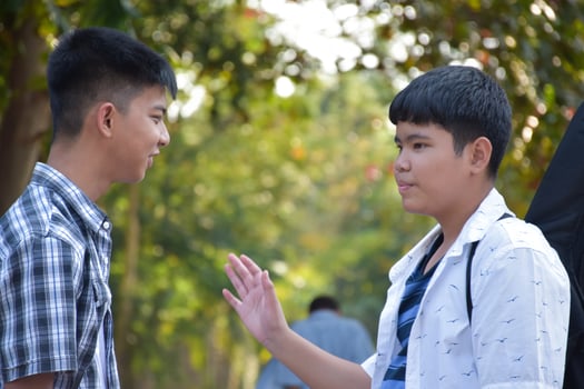 Portrait young asian teens spending freetime together along the way walking to home after music lesson at school, young adult asian couple concept. photo