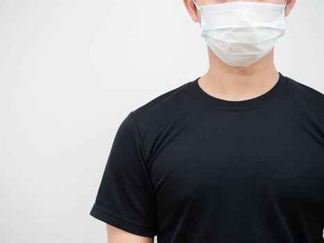 Closeup face of man weearing mask at his face feeling serious against covid-19 concept on white background photo