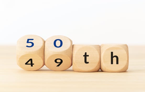 Turning 50 years old concept. Text on wooden blocks and changing dices photo