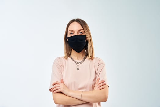 Woman portrait with protective mask on face on white background photo
