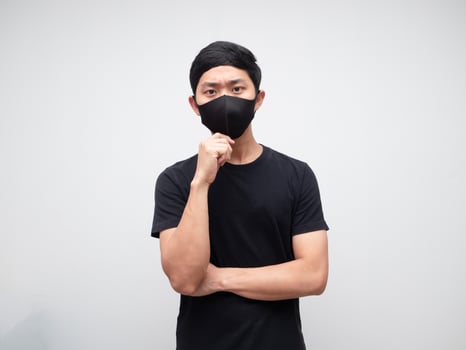 Portrait asian man wearing protect mask serious face and thimking something on white wall background photo