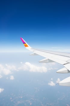 Wing of an airplane flying in the sky photo