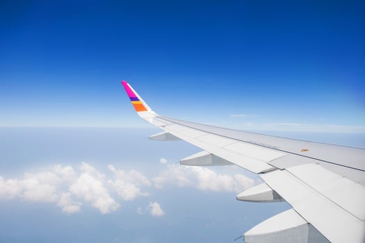 Wing of an airplane flying in the sky photo