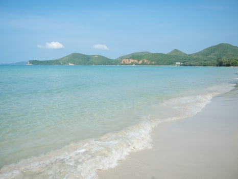Blue ocean sea water wave landscape and mountain background and clean blue sky beautiful beach,Holiday concept at the beach photo
