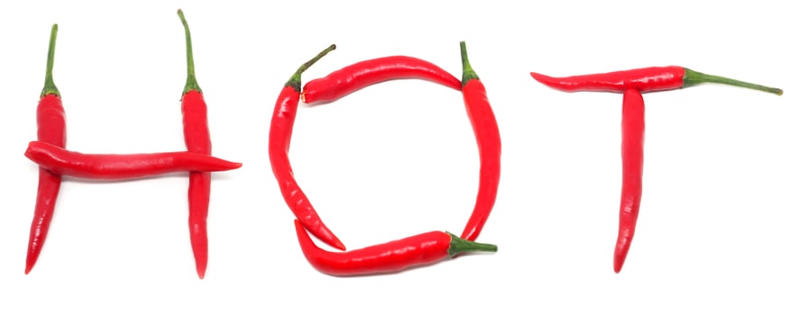 Word from red chilli HOT,Hot text on white isolated photo