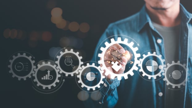 solution concept and demonstrating leadership strategies,Creativity that will lead the business in the right direction,with innovation and brain power from brainstorming,man pointing at icon with pen photo