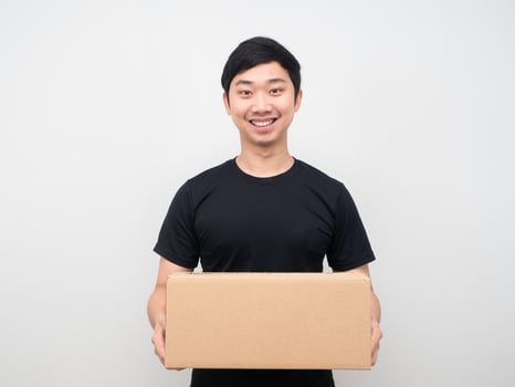 Asian man happy smile delivery parcel box photo