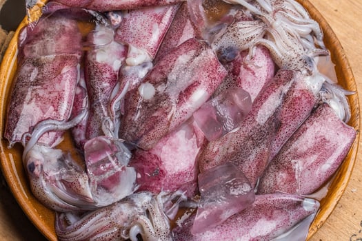 Fresh raw squids with ice and parsley on gray table, flat lay. On wooden background. photo