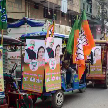 Delhi, India, December 02 2022  - Bharatiya Janata Party BJP supporter during mega road show in support of BJP candidate Pankaj Luthara to file nomination papers ahead of MCD local body Elections 2022 photo