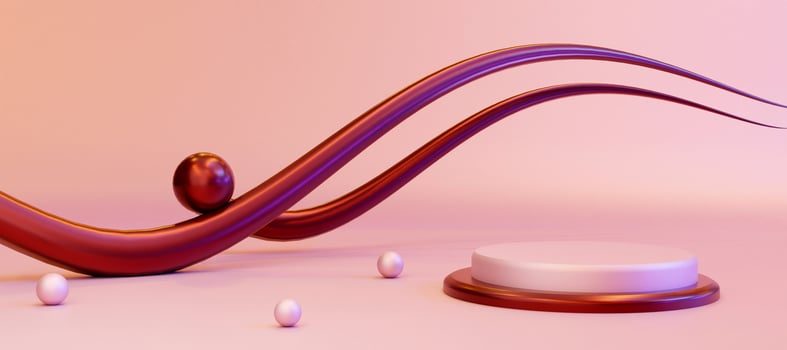 Pink and Red cylinder podium with decorative waves on pink background.  Stand to show products. Beautiful pedestal display with copy space. Banner size. Website cover template. 3D rendering. photo