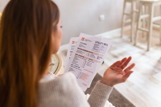 Indoor shot of casually dressed young woman holding papers in her hands, calculating family budget, trying to save some money , having stressed and concentrated look photo