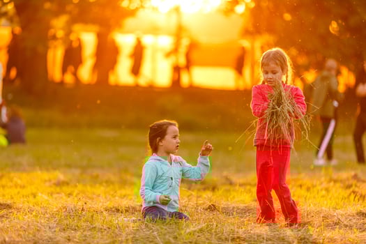 Adorable little girls having fun playing outdoors on summer day photo