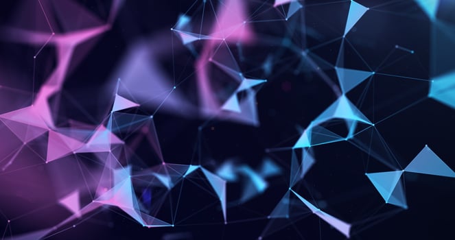 3D illustration. Abstract polygonal space with moving colored triangles and lines. Technologies and cybernetics. Futuristic digital network concept. 3d rendering photo