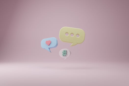 3d Chat box with heart icon pop up on room background. Graphic rendering illustration design. photo
