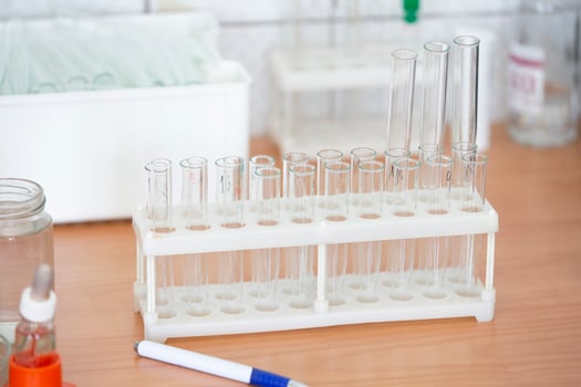 Empty flasks in a biochemical laboratory. Test tubes for analysis. photo