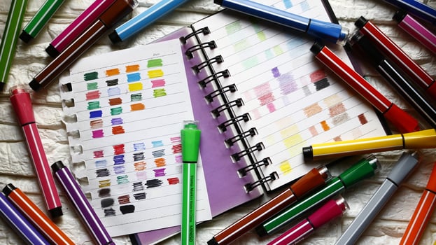 Various Colored Art Supplies Scattered On Table In Karachi Pakistan 2022 photo