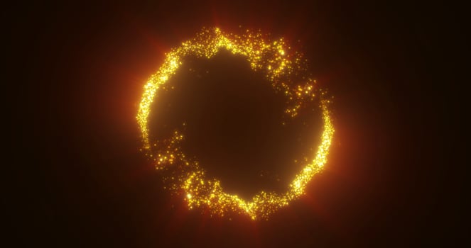 Abstract glowing looped circle of yellow golden lines of magical energy particles. Abstract background photo