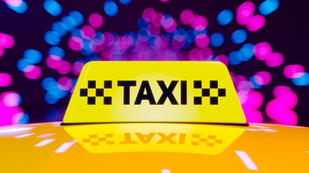 Taxi rides on the night road. 3D rendering illustration. photo