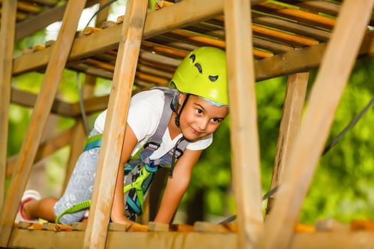 happy little girl in a rope park on the wood background photo