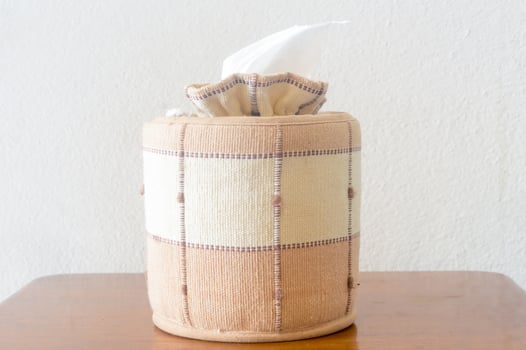 fabric tissue paper box with tissue paper on table against the wall in hotel room prepared for guests' use photo