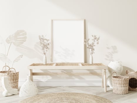 Frame and poster mockup in Boho style interior. 3d rendering, 3d illustration photo