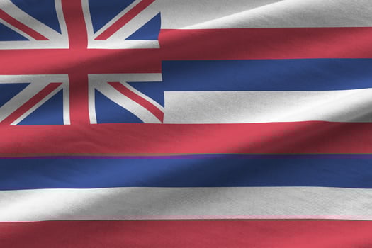 Hawaii US state flag with big folds waving close up under the studio light indoors. The official symbols and colors in banner photo