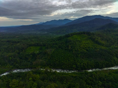 Beautiful morning view of Indonesia. Aerial photo of a river between the mountains and forests of Indonesia
