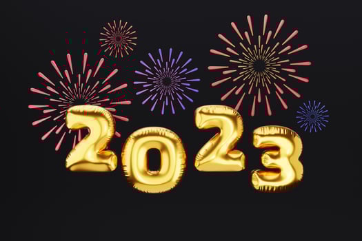 3d golden balloon numbers of 2023 new year with fireworks background. 3d illustration new year celebration concept photo
